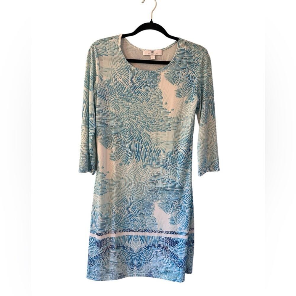 Jean-Pierre Klifa Blue White Abstract Swirl Print 3/4 Sleeve Shift Dress Small
